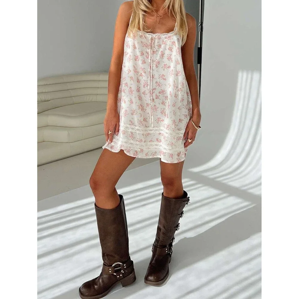 New Princess Polly Alanah Mini Dress Cream with Pink Floral Lace Trim